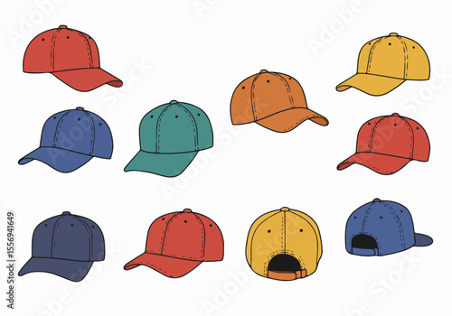 Colorful Baseball Caps Vector Illustration Set: Different Angles and Colors in Hand-Drawn Style