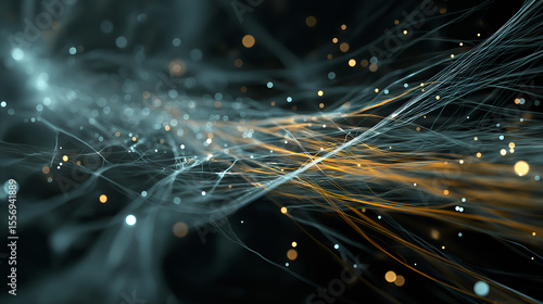 Abstract Digital Network: An ethereal display of interconnected digital threads and glowing particles, capturing the essence of complex networks and data flow, bathed in cool and warm tones.