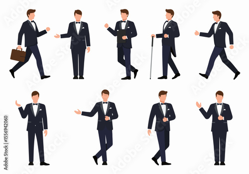 Set of flat design illustrations of men in tuxedos in various poses, representing formal events, service, or business elegance.