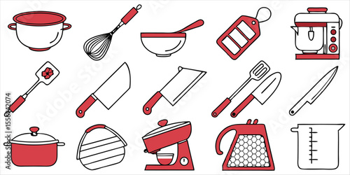 Culinary kitchen tools and utensils set, cookware and appliances collection for culinary arts