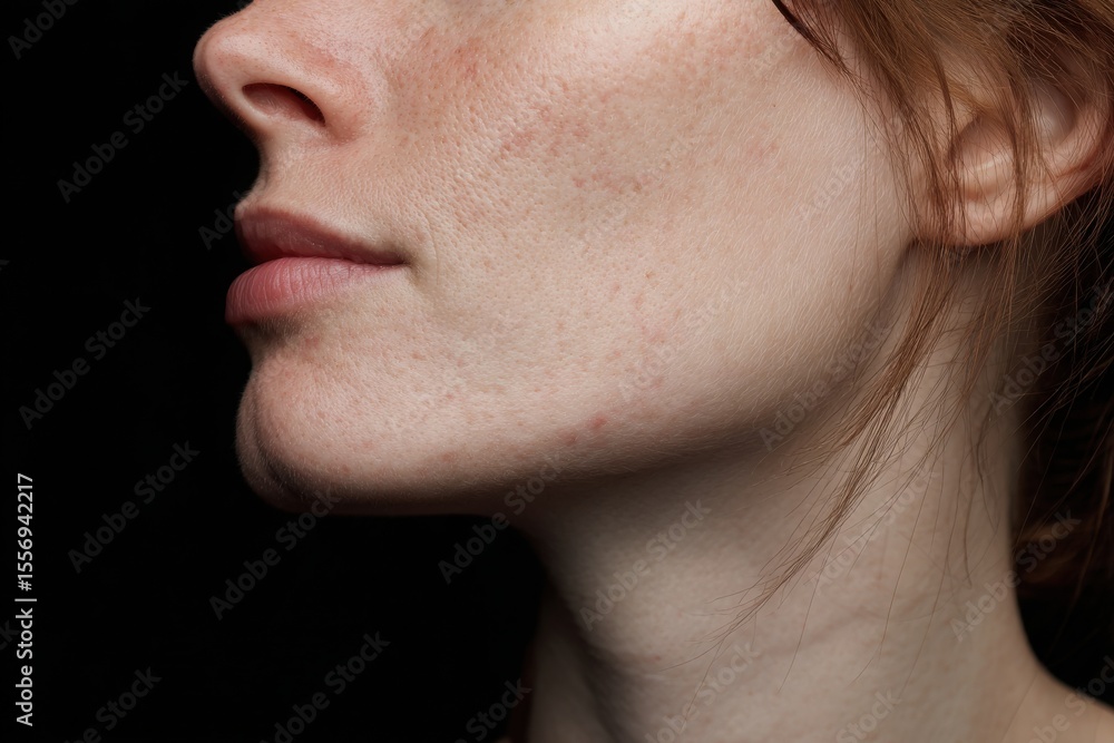 Obraz premium Woman with acne scars on skin against black background 