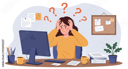 A stressed employee holds his head in frustration, showing remote work burnout. This flat vector uses icons to visualize pressure and mental fatigue. Set for remote work burnout, Remote work stress