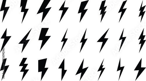 Collection of twenty four stylized black lightning bolt icons on a clean white background representing energy and power