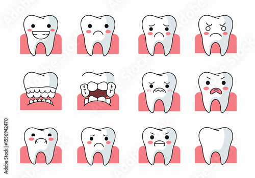 Vector set of cute cartoon teeth characters showing various emotions and dental health conditions, including happy, sad, and crowded teeth.