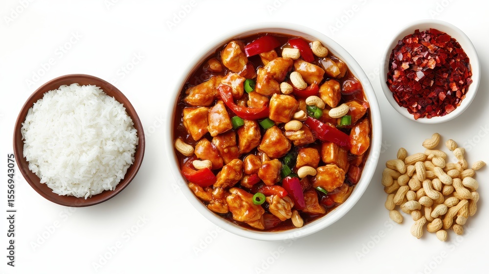 Colorful Asian Dish Featuring Chicken, Vegetables, and Rice Bowls Colorful Asian Dish Featuring Chicken, Vegetables, and Rice Bowls