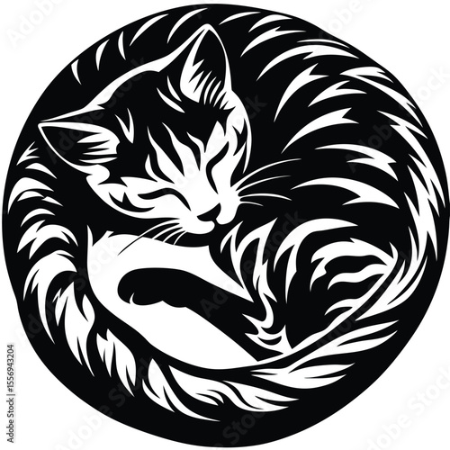 Sleeping feline curled in circle black and white