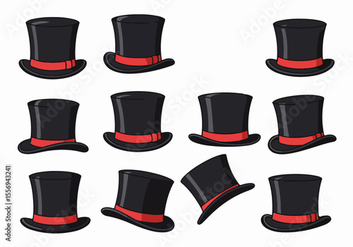 Set of Black Top Hats with Red Bands Illustration