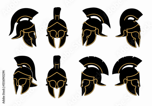 Set of Ancient Spartan Warrior Helmet Icons in Various Views