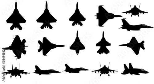 Silhouetted military aircraft collection showcases a diverse array of fighter jets for defense and aviation themes.