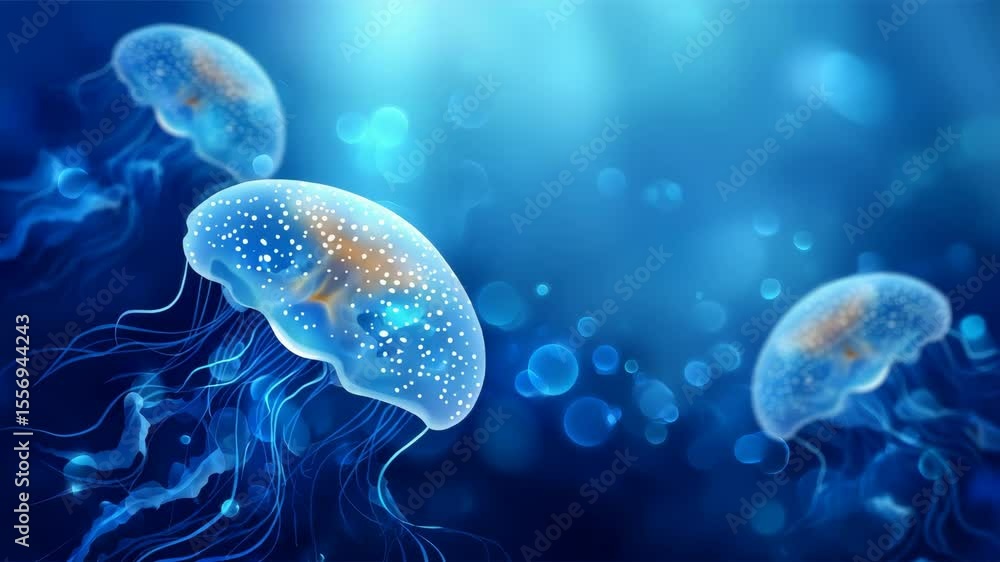 Serene Underwater Scene Featuring Luminous Jellyfish Floating in a Soothing Blue Atmosphere Serene Underwater Scene Featuring Luminous Jellyfish Floating in a Soothing Blue Atmosphere