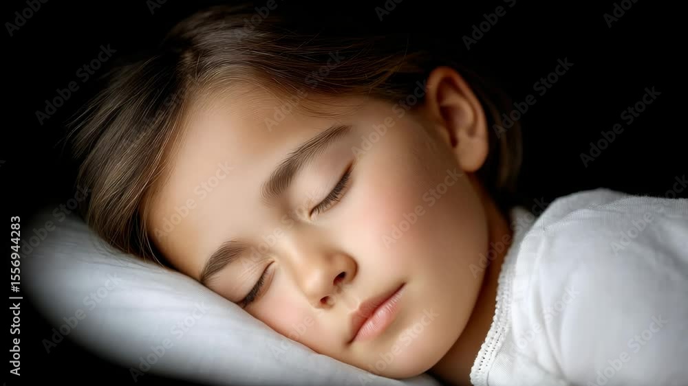 Serene Young Girl Sleeping Peacefully on a Soft Pillow in a Darkened Room Serene Young Girl Sleeping Peacefully on a Soft Pillow in a Darkened Room