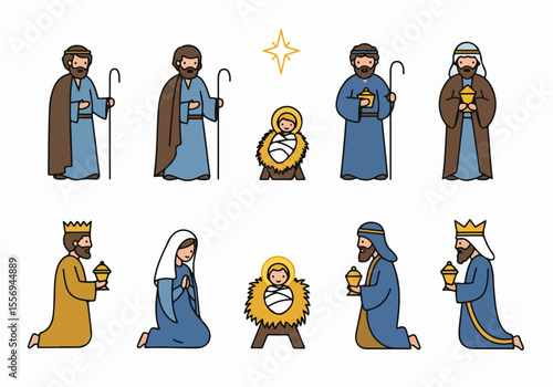 Simple Illustration of the Nativity Scene with Baby Jesus, Mary, Shepherds, and Wise Men