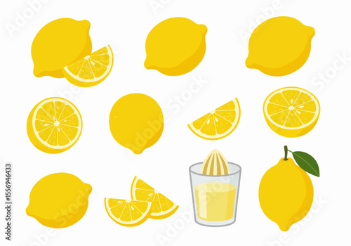 Vector illustration set of lemons: whole fruits, cut halves, slices, wedges, and fresh squeezed juice with a glass and manual juicer on white.