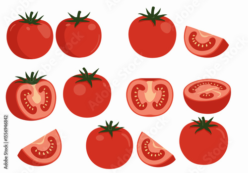 Set of flat vector illustrations showing whole tomatoes, halved tomatoes, and wedges isolated on a white background.