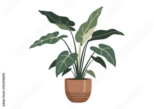 Indoor potted plant with lush leaves, minimalistic design in soft earthy tones