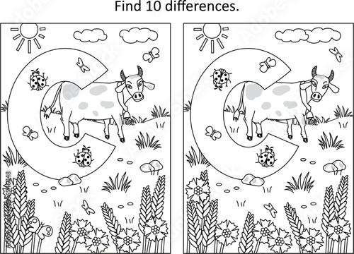 Letter C difference game and coloring page.C is for cow. C is for cornflower.
