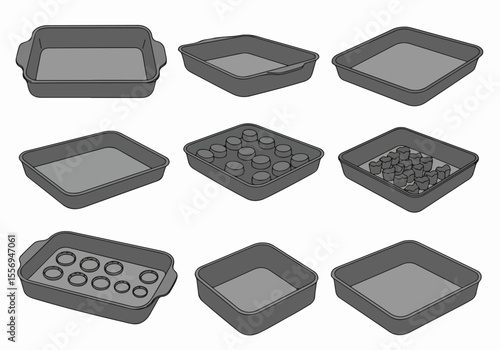 Set of baking pans and trays in various sizes and shapes, including empty, round, and heart molds, simple illustration