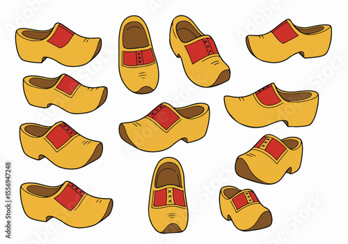 Charming illustration of traditional yellow and red Dutch clogs in various orientations, a classic symbol of Holland's culture and heritage.