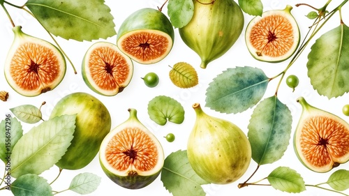 Set of Hand-Painted Green Figs and Leaves - AI Generated Image