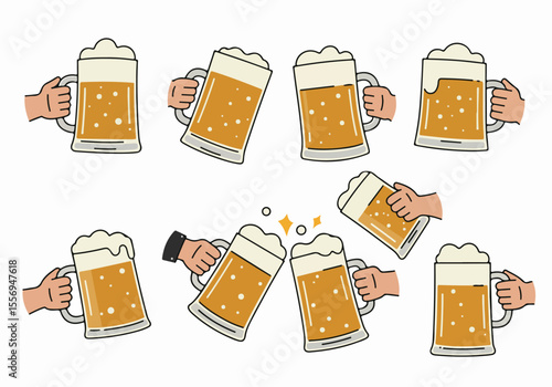 Set of hands holding beer mugs and toasting, vector illustration for party and celebration themes.