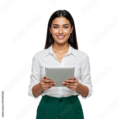 Smiling young woman in white shirt and green pants holding a tablet computer isolated on transparent background