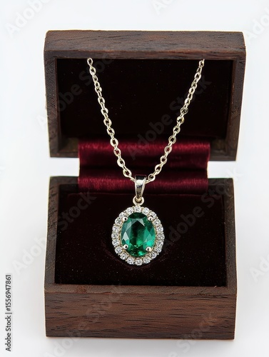Emerald and diamond pendant necklace in wooden jewelry box