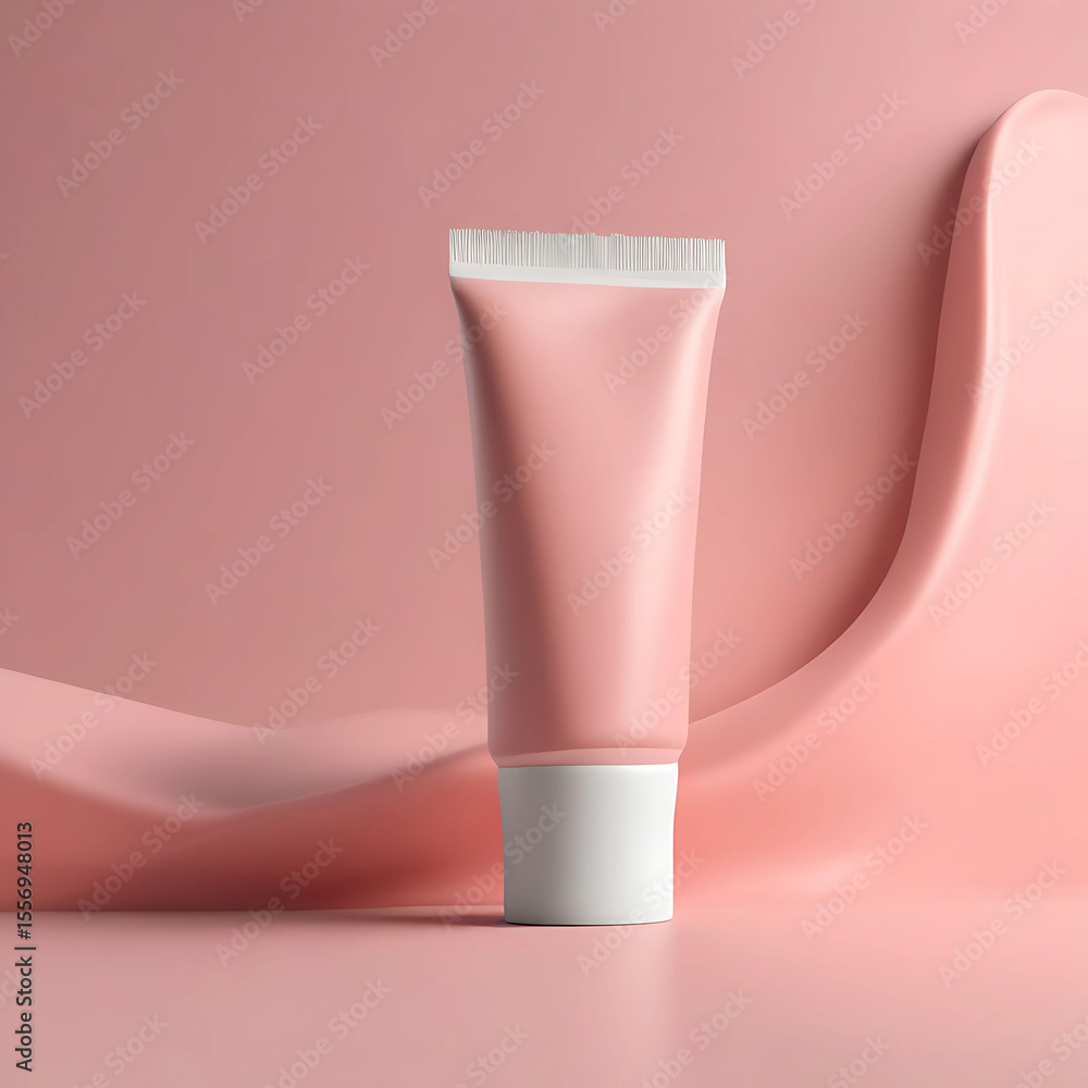 Pink Cosmetic Tube with White Cap and Textured Top on Pink Surface. Pink Cosmetic Tube with White Cap and Textured Top on Pink Surface.