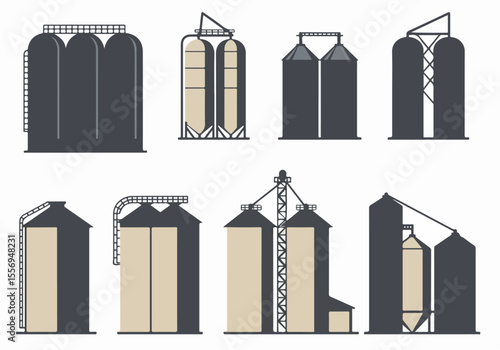 Collection of stylized grain silo and storage tank icons in a flat vector style, representing agriculture, farming, and industrial storage on a white background
