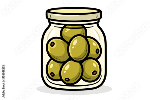 Illustration of a Glass Jar Filled with Green Olives, Preserved Food Concept