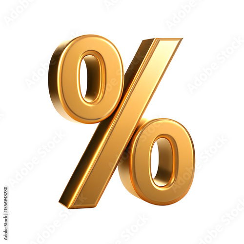 Shiny golden percentage symbol with reflection isolated on transparent background