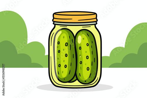 Cartoon Illustration of Pickled Cucumbers in a Glass Jar with Green Background, Food Preservation Concept