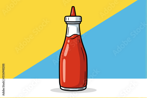 Cartoon Illustration of a Ketchup Bottle with Red Sauce on a Yellow and Blue Background