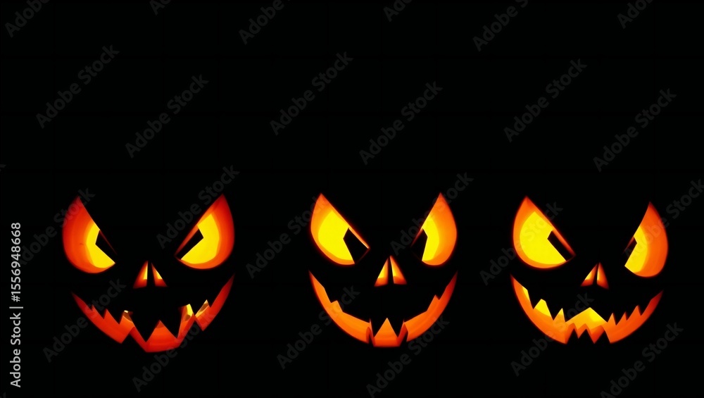 Three glowing jack o lantern faces with spooky expressions on black background Three glowing jack o lantern faces with spooky expressions on black background