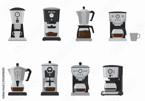 Set of various coffee makers and brewing machines, including drip coffee, espresso makers, and moka pots, illustrated in a flat design style.