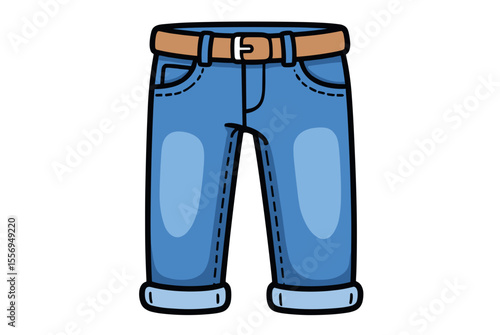 Cartoon Illustration of Blue Jeans with Brown Belt and Cuffed Hems on a White Background