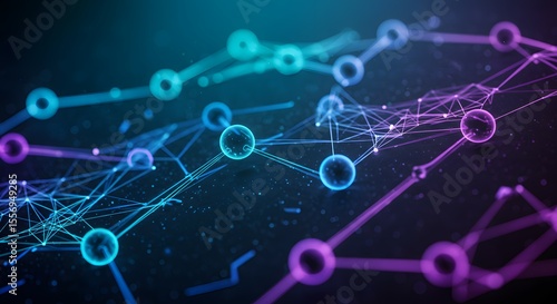 Abstract digital network connections on a background of blue and purple hues, illustrating data, technology and communication.
