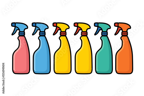 Colorful Cartoon Spray Bottles Lined Up for Cleaning and Disinfection Illustration
