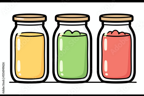 Three Cartoon Jars Filled with Different Colored Liquids, Vector Illustration with Black Outline