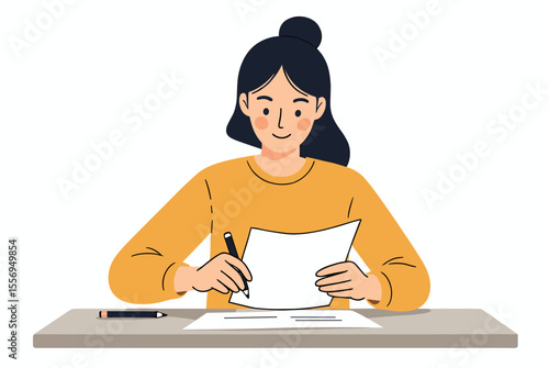 Young Woman Writing on Paper at Desk Illustration, Concentrating on Work or Study, Vector Design