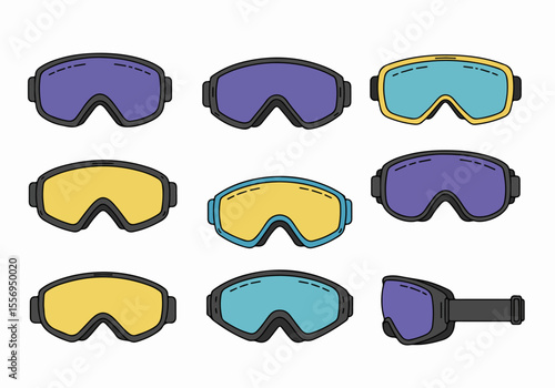 Set of colorful ski and snowboard goggles illustrations in various angles and lens colors