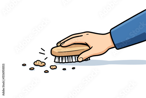 Cartoon Illustration of a Hand Using a Brush to Sweep Crumbs, Cleaning Up After a Meal