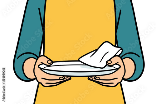 Illustration of a person wiping a plate with a cloth, promoting cleanliness and hygiene in the kitchen
