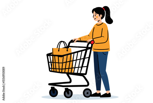 Woman Pushing Shopping Cart with Grocery Bags Illustration, Consumerism and Retail Concept