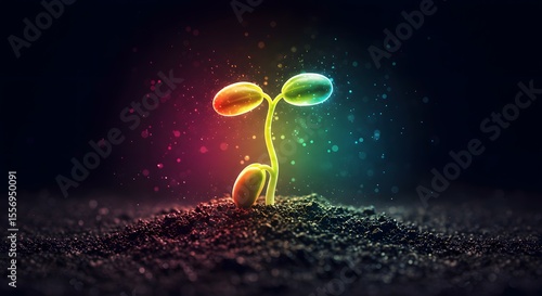 Enchanting Growth A vibrant sprout pushing through the soil, illuminated with colorful light, symbolizing life and potential.