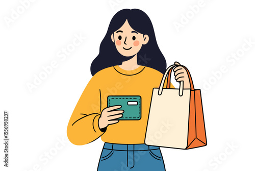 Young Woman Holding Wallet and Shopping Bag Illustration in Flat Design Style for Retail Concept
