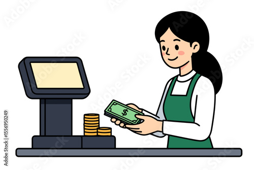 Cartoon Illustration of a Cashier Counting Money at a Cash Register in a Store
