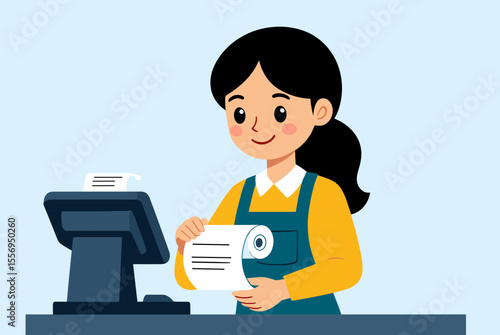 Cartoon Woman Working at a Cash Register with a Receipt in Hand Illustration