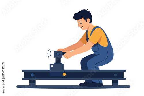 Cartoon Illustration of a Man Operating a Lathe Machine in a Workshop, Focusing on Precision and Craftsmanship