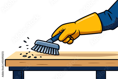 Illustration of a Hand with Glove Cleaning a Wooden Surface with a Brush, Removing Debris