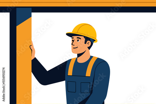 Illustration of a Construction Worker in a Yellow Hard Hat Inspecting a Building Structure with a Positive Expression